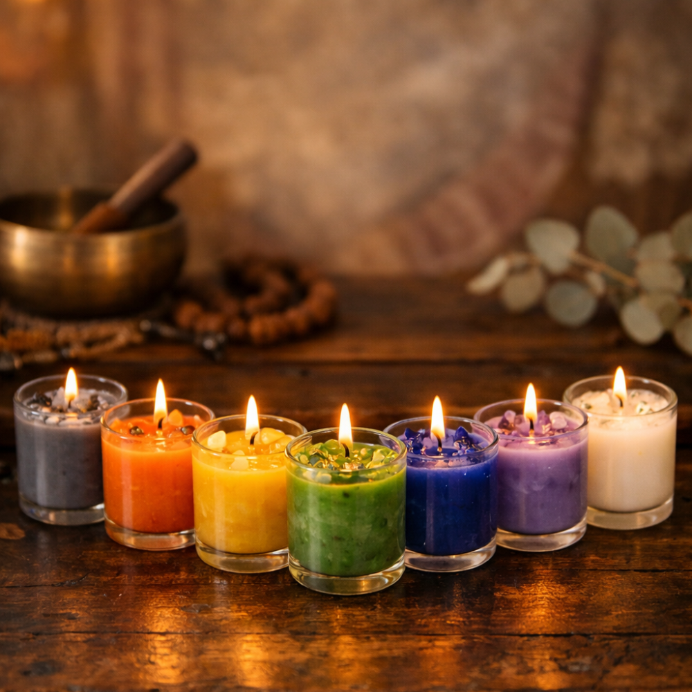 Complete 7-Chakra crystal healing candle set in premium gift box