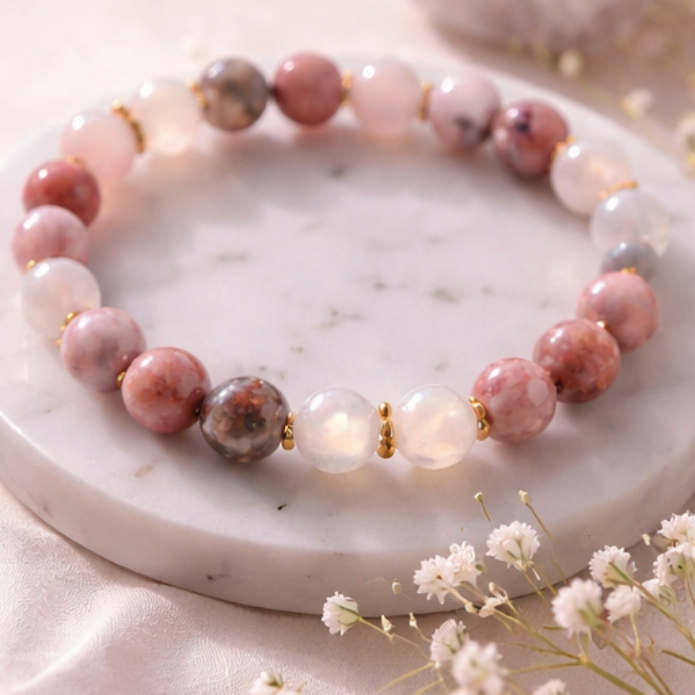 Heart Healer Bracelet Rose Quartz Rhodonite Moonstone for love manifestation