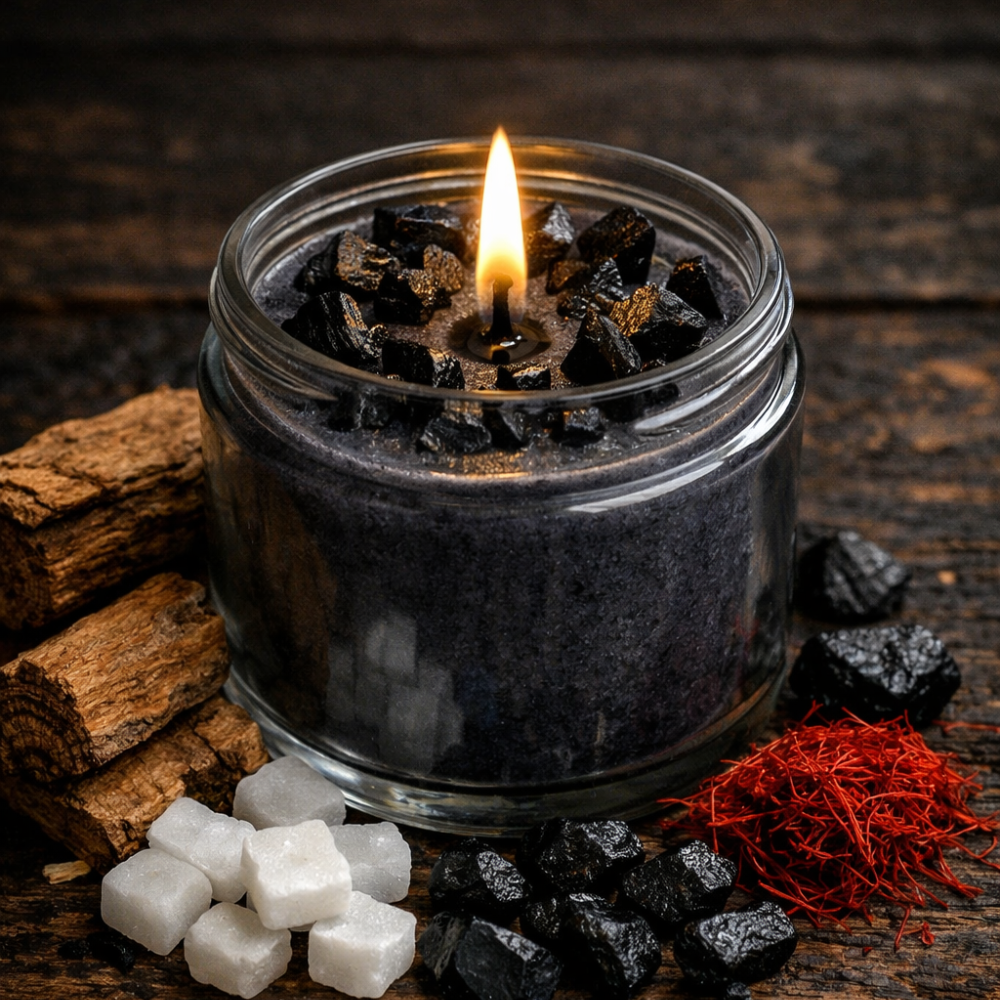 Black Tourmaline crystal candle in glass jar for home protection