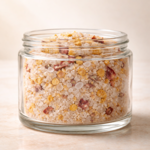 Crystal Tejas body scrub in a glass jar with wild turmeric and rose