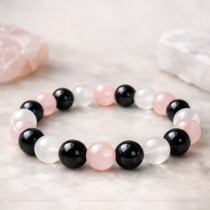 Social Recharge Bracelet featuring 8mm Black Onyx and Selenite beads for energy protection.