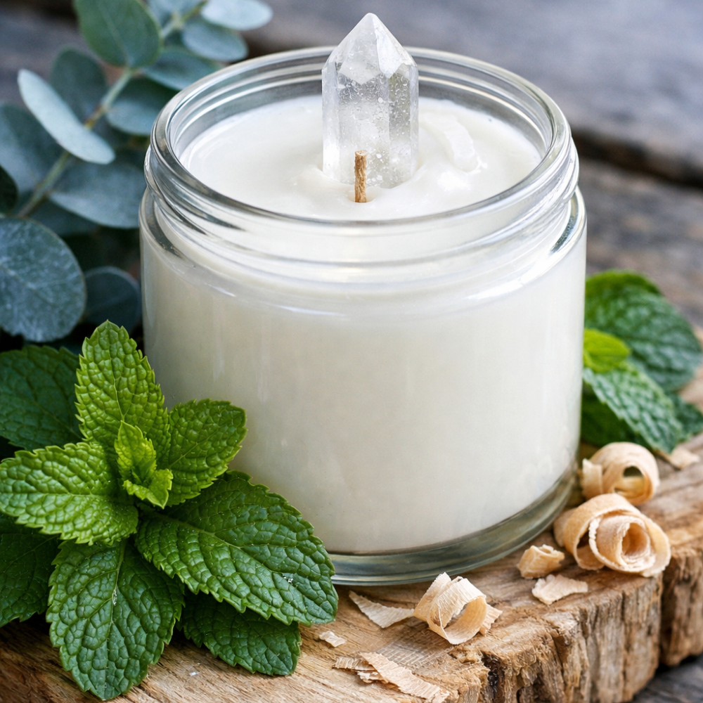 Hand-poured Clear Quartz soy wax candle for clarity and focus